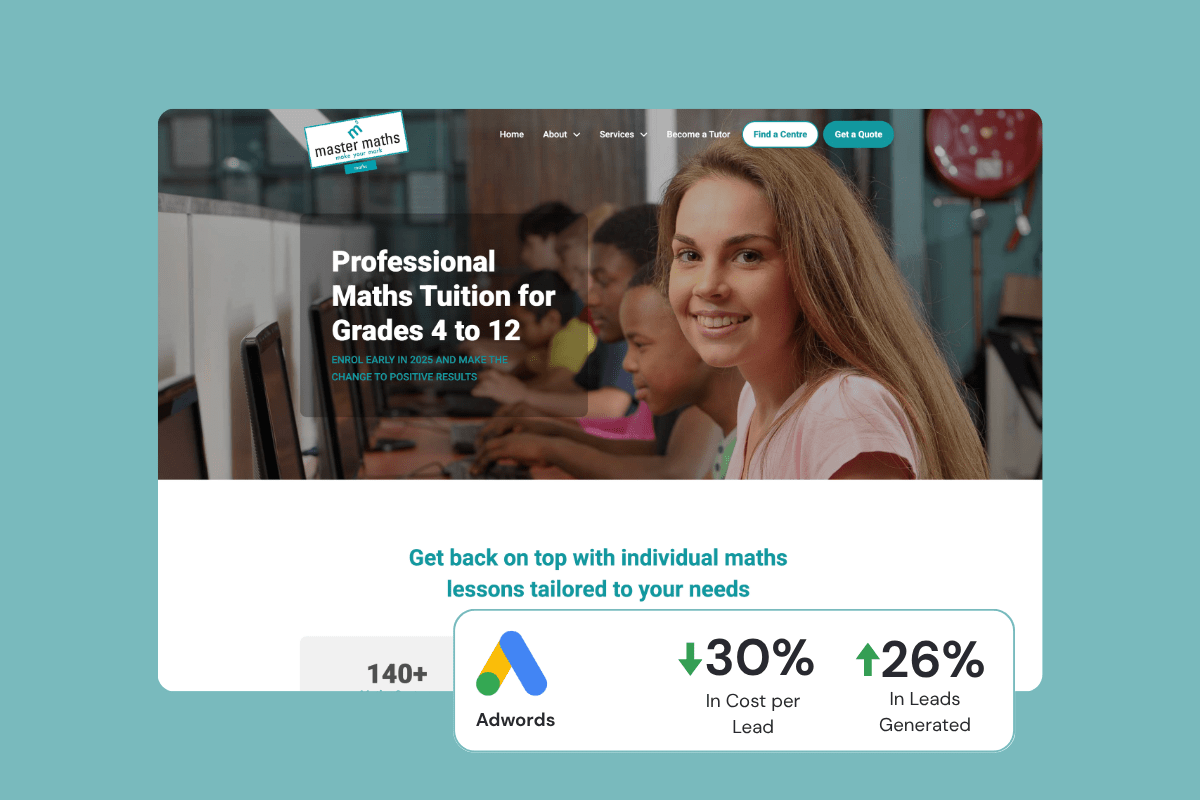 Google Ads campaign results for Master Maths showing 30% lower cost per lead and 26% increase in lead volume